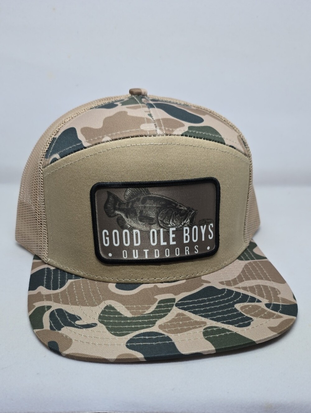 Good Ole Boys Outdoors Camo Trucker Hat | Bass Fishing Patch | Snapback Mesh Cap